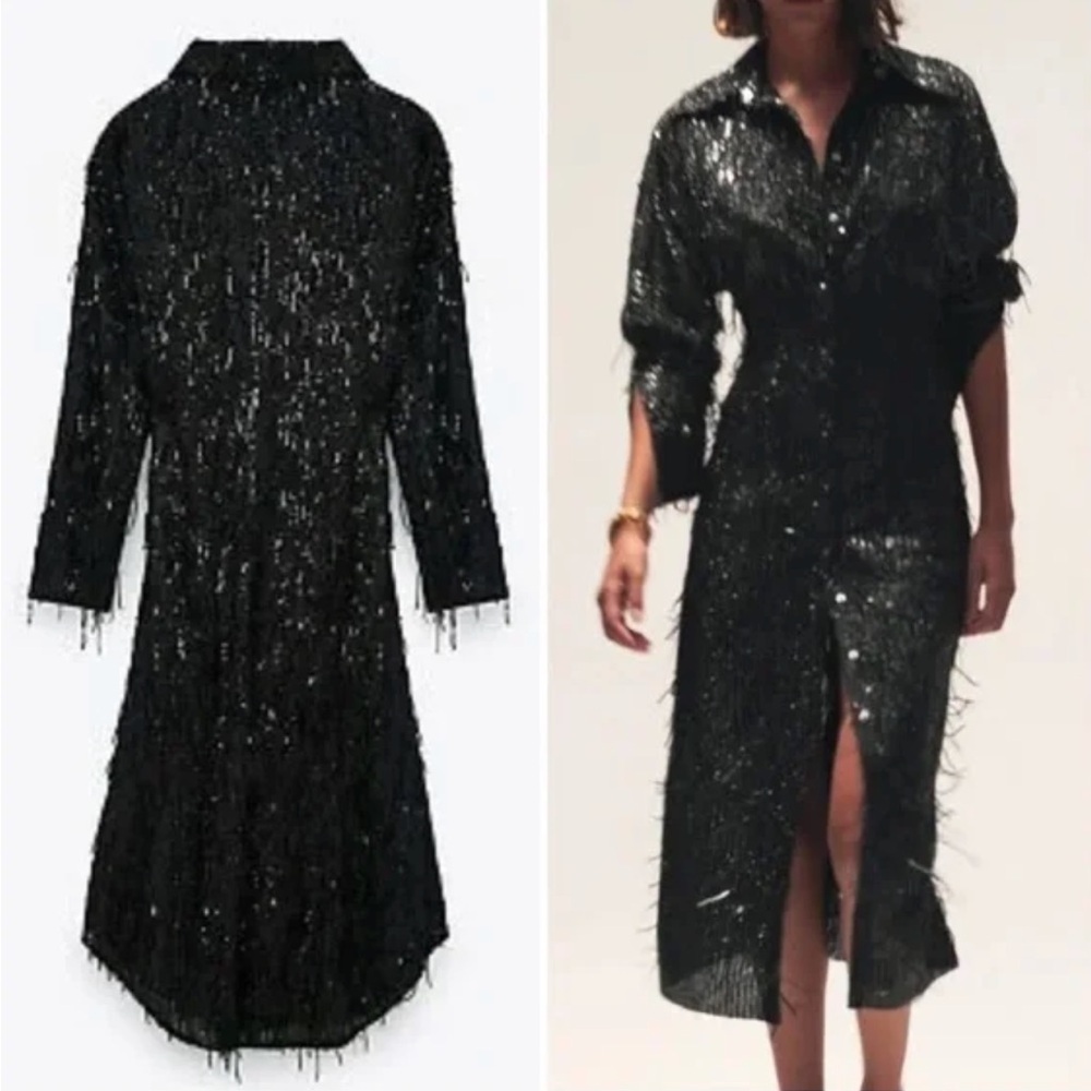 Zara Limited Edition Sequined Shirt Dress with Fringes In Black Size M NWT